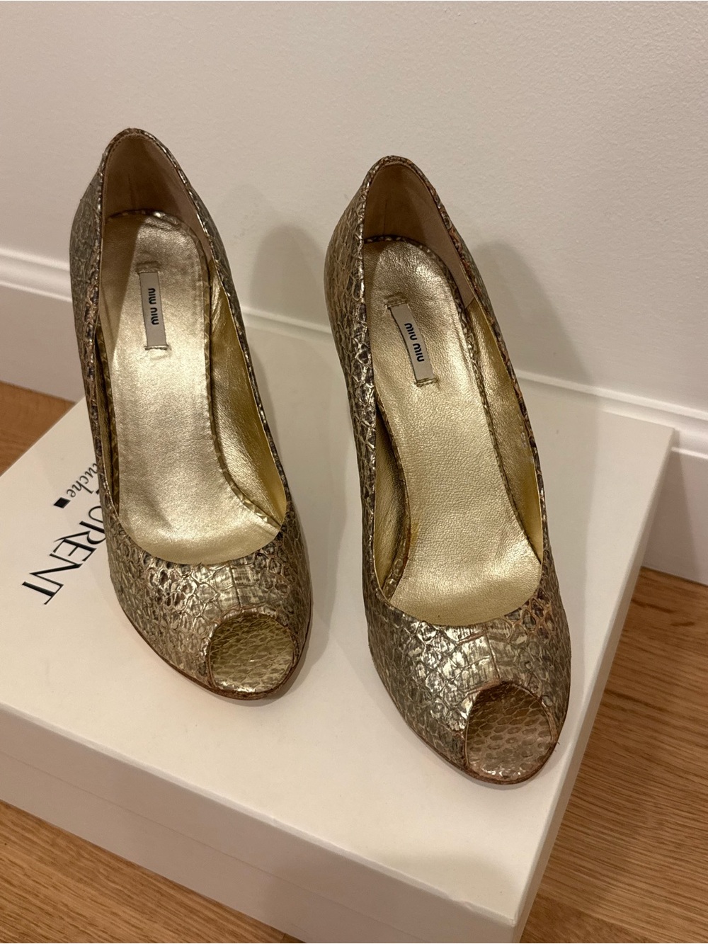 Miu Miu Snakeskin Peep Toe Pumps Gold Bronze Python Heels Y2K